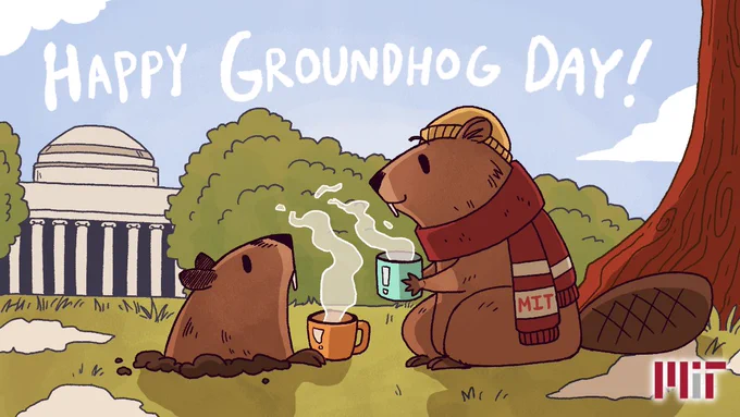 Drawing of a groundhog with its head out of a burrow with a cup of warm coffee beside him looking up at a beaver wearing an MIT scarf and winter cap holding a cup of hot coffee. The Great Dome is in the background.