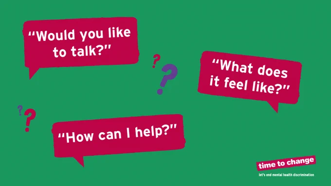 A green background with different sized speech bubbles with the following open questions in:

 - "Would you like to talk?"
 - "What does it feel like?"
 - "How can I help?"