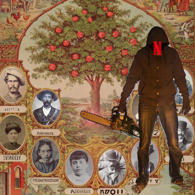 A Victorian family tree template populated by tintypes of old-timey people. In the foreground stands a menacing, chainsaw-wielding figure, his face obscured by a hoodie. The blade of the chainsaw is poised to chop down the family tree. A Netflix 'N' logo has been superimposed over the man's face.