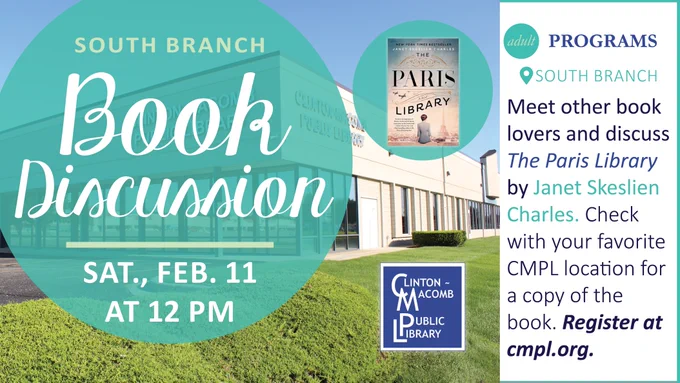 South Branch Book Discussion ad with a picture of the South Branch library, program information, and the book.