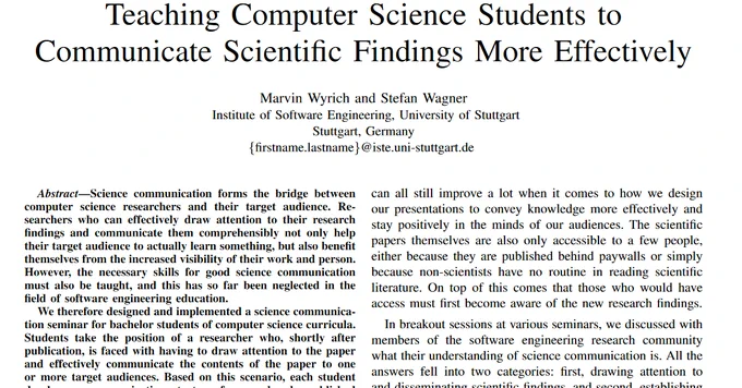Screenshot of the paper abstract and title, which is: Teaching computer science students to communicate scientific findings more effectively.