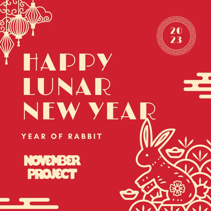 Happy Lunar Year, year of rabbit 2023. Image is on the red background with bright yellow letters, ornaments, illustration of the rabbit, and November Project logo.