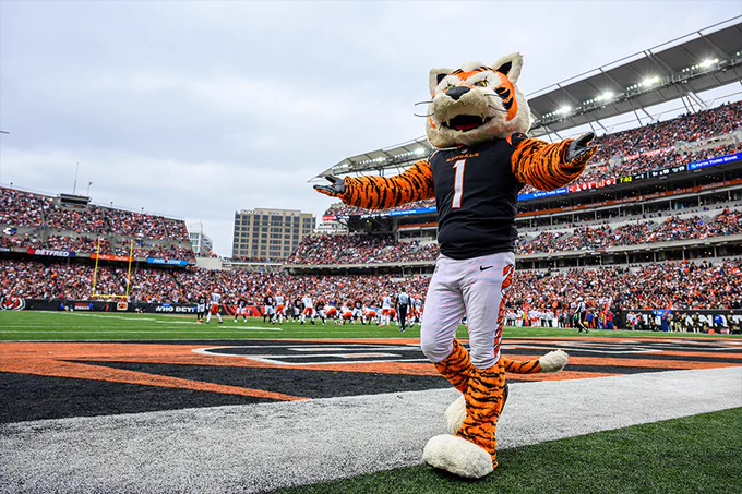 Who Day the Bengals Mascot on the football field in front of the Bengals B.