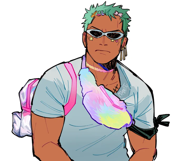 Drawing of Zoro from One Piece. He is redrawn from a screenshot of a video of Julien Solomita, where he is covered in Claire's girly accessories, such as; hair clips, white sunglasses, face stickers, rainbow plastic choker, and a clear backpack and fuzzy fanny pack that are way too small. Zoro sits looking unimpressed.