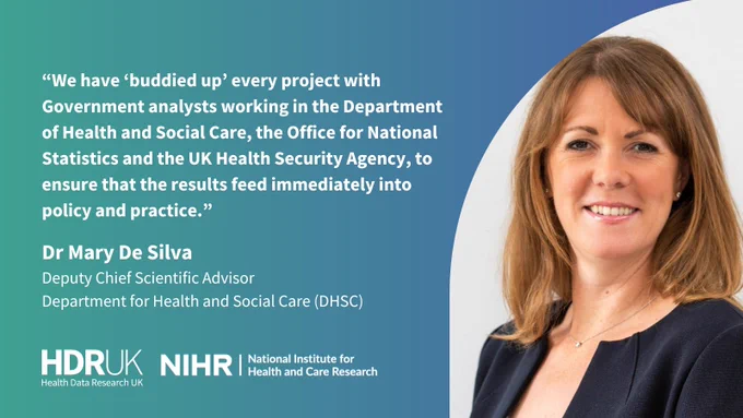 “We have ‘buddied up’ every project with Government analysts working in the Department of Health and Social Care, the Office for National Statistics and the UK Health Security Agency, to ensure that the results feed immediately into policy and practice.” Dr Mary De Silva, Deputy Chief Scientific Advisor, Department for Health and Social Care (DHSC)