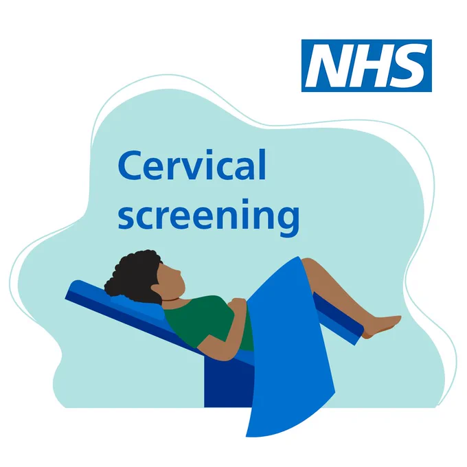 A cartoon of a person lying on their back with their legs raised and a sheet covering their lower half. 

The text reads 'Cervical Screening' and the NHS logo is in the top right-hand corner.