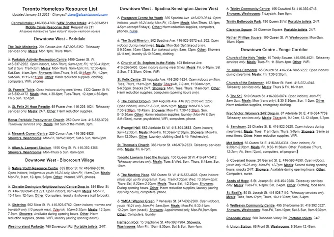 Page 1 of a list of resources for unhoused people in Toronto, including opening hours, meal times, shower and laundry availability, and more services.
