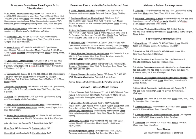 Page 2 of a list of resources for unhoused people in Toronto, including opening hours, meal times, shower and laundry availability, and more services.