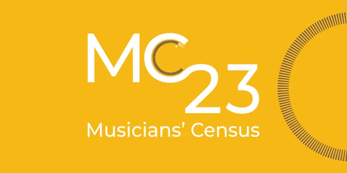 "MC23 Musicians' Census" in white on a yellow background with dark blue graphic elements