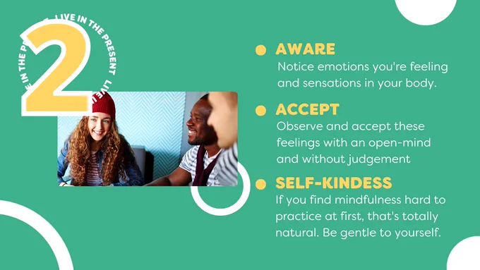 Green card and yellow writing, with image of young people smiling. Tips for living in the moment. Be any emotions you're feeling and sensations in your body. Accept each one with an open mind.