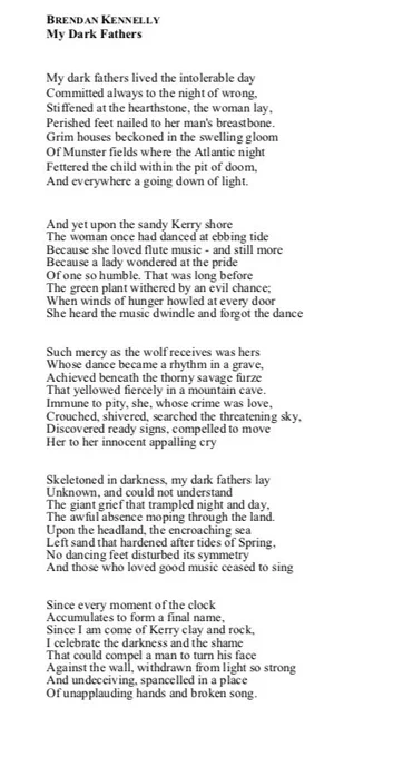 Typescript of 'My Dark Fathers' by Brendan Kennelly