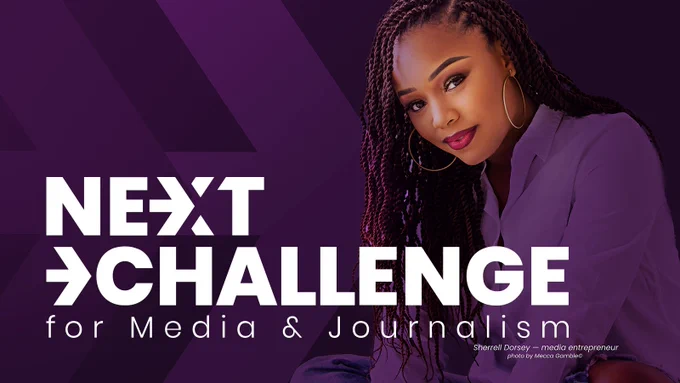 A photo of a young professional woman on a purple graphic with text that says, "Next Challenge for Media & Journalism"