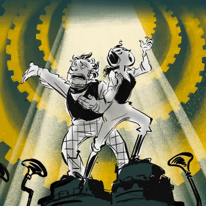 Illustration of a male and female with their hands raised, standing on top of two structures with a spotlight shining down.  