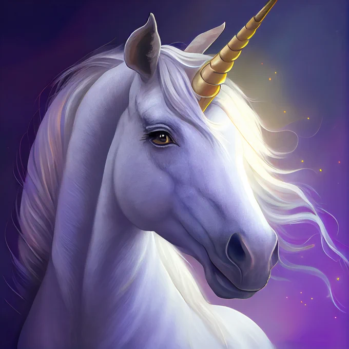 A white unicorn on a purple background with a golden horn and sparkles