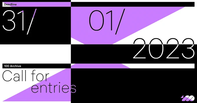 Purple, white and black graphic declaring a call for entries to 100 Archive's 2022 Archive Selection