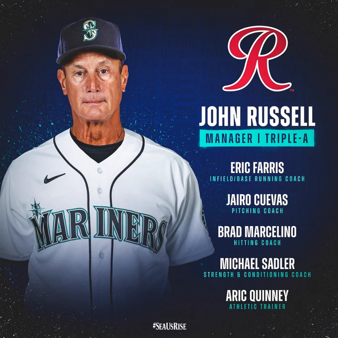 Graphic for the 2023 Tacoma Rainiers coaching staff:

JOHN RUSSELL - MANAGER
ERIC FARRIS - INFIELD/BASE RUNNING COACH
JAIRO CUEVAS - PITCHING COACH
BRAD MARCELINO - HITTING COACH
MICHAEL SADLER - STRENGTH & CONDITIONING COACH
ARIC QUINNEY - ATHLETIC TRAINER