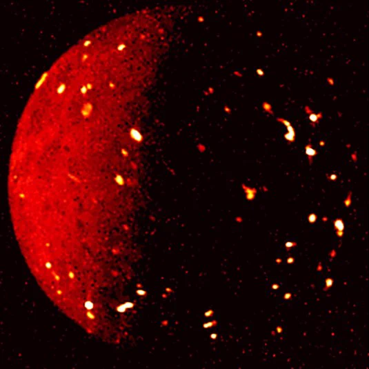 An infrared view of Jupiter’s volcanic moon Io in July 2022 by the Juno spacecraft. Brighter spots represent higher temperatures, in these cases active volcanoes. 