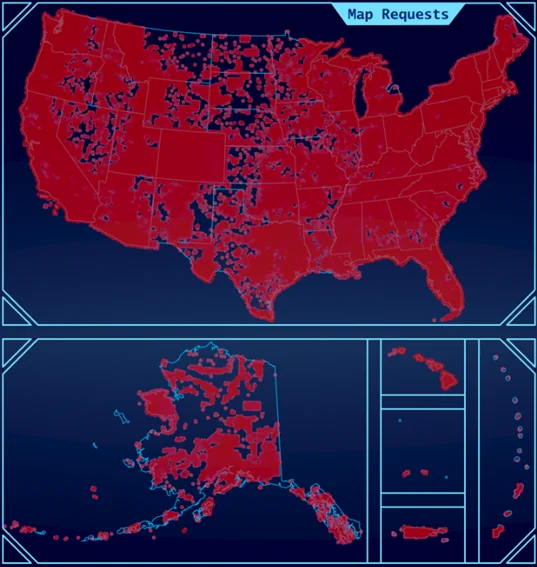Map view of topoBuilder requests (in red) from February 2022 thru Dec 2022 covering most of the coterminous United States, Alaska, Hawaii, Puerto Rico. the US Virgin Islands, and the Mariana Islands