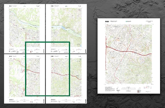 Reston, Virginia 4 US Topo Quadrangles (left) compared to 1 custom centered OnDemand Topo (right)