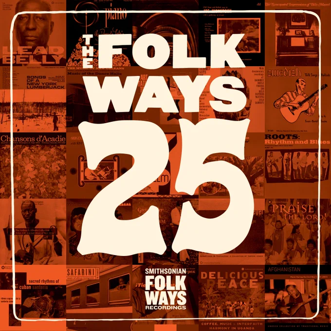 Orange graphic for The Folkways 25 playlist featuring a collage of album covers.