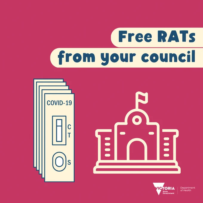 An illustration of a stack of rapid antigen tests and a council building. 

Text reads 'Free RATs from your council'
