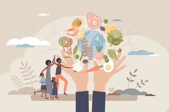 Animation of hands with cartoon images of food coming out of them and a globe floating in the background while a family looks up at the food.