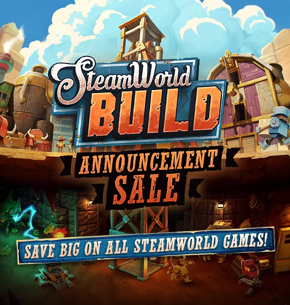 Image with text: SteamWorld Build Announcement Sale - Save big on all SteamWorld games!