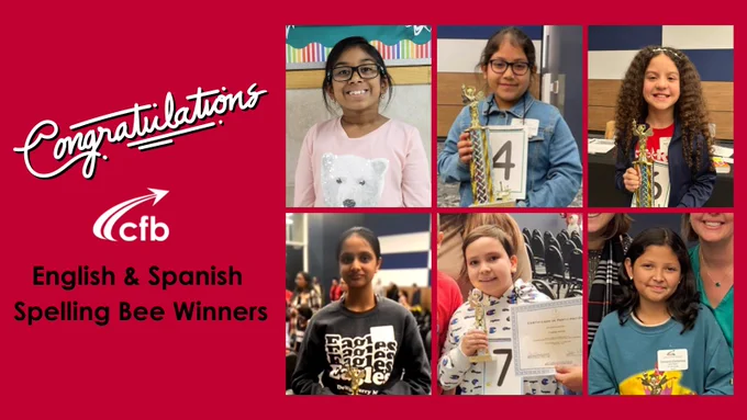 Graphic of collage of portraits of Spelling Bee winners and runner ups with text that says, "Congratulations CFB English & Spanish Spelling Bee Winners." 