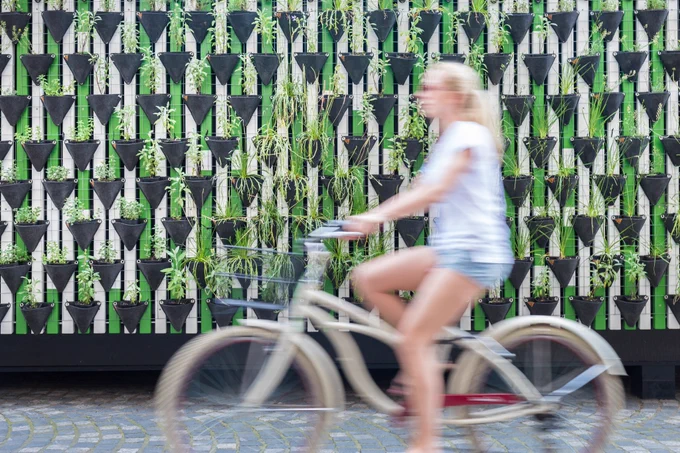 A woman riding a bike past a green wall
