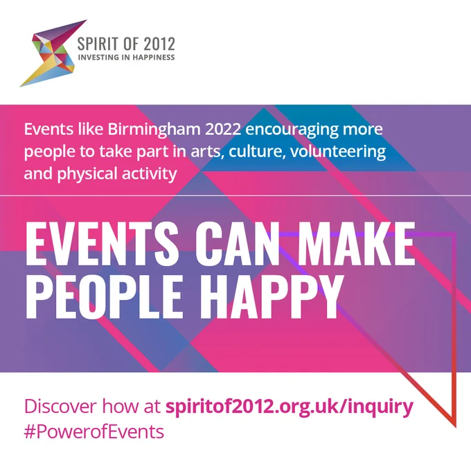 Infographic with text that reads: "Events can make people happy. Events like Birmingham 2022 encouraging more people to take part in arts, culture, volunteering and physical activity."