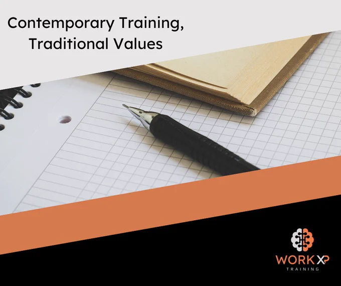 Slogan - Contemporary training, traditional values.

A pen atop a paper pad, with the Work XP logo in the corner.