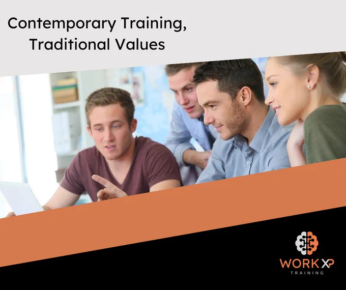 Slogan - Contemporary training, traditional values.

A group of people gathered around a laptop, with the Work XP logo in the corner.