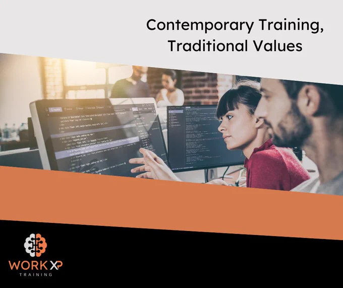 Slogan - Contemporary training, traditional values.

Two people sitting at a computer, with the Work XP logo in the corner.
