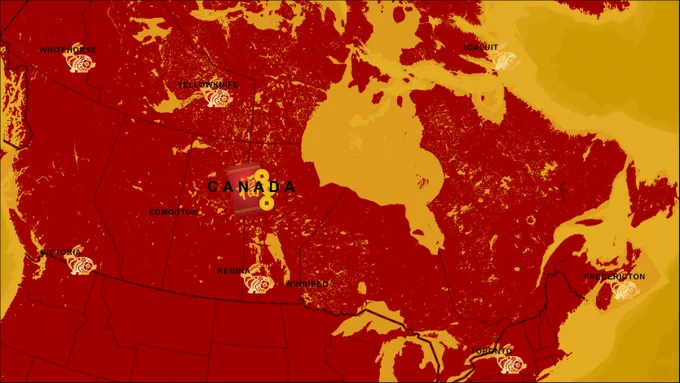 The Community Map of Canada basemap has been stylized with the colours of Lunar New Year. The land mass of Canada is red and the ocean is yellow. Provincial capital cities are symbolized with golden rabbits, and all text symbology is in black. 