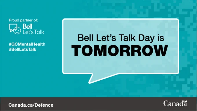 A graphic containing the Bell Let's Talk logo and the hashtags “#GCMentalHealth and #BellLetsTalk” with a speech box that reads “Bell Let’s Talk Day is tomorrow”.