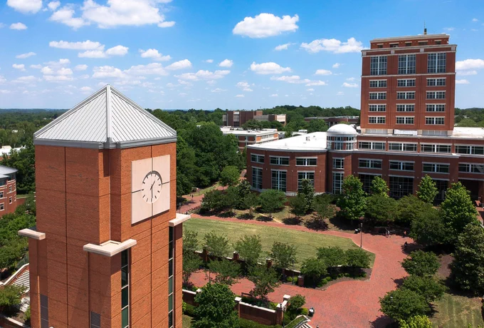Aerial view of the clock tower looking towards Atkins Library.