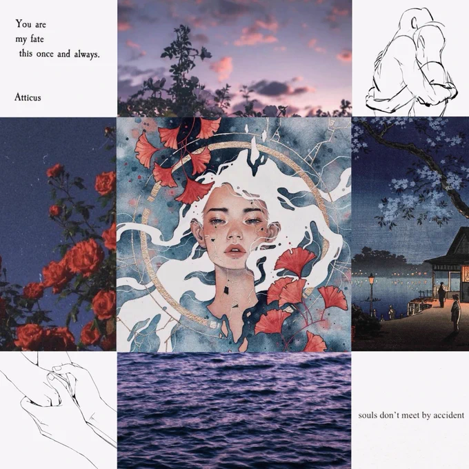 3*3 aesthetic moldboard with colors of blue and red, featuring: a quote "you are my fate this once and always"—Atticus, purple skies over treetops, line art of two people embracing, red flowers silhouetted against a dark blue sky, illustrated girl surrounded by red flowers (art by @kelogsloops), illustration of a lakeside pier at night, line art of two sets of hands holding each other, dark blue ripples on the sea, and a quote "souls don't meet by accident"