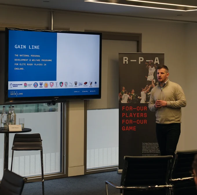 Luke Cheyne, Head of RPA Gain Line, presenting at the  RPA Press Conference