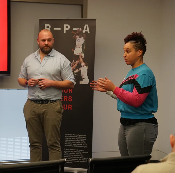 Mark Lambert, Head of Rugby Policy, and Shaunagh Brown, talking at the  RPA Press Conference