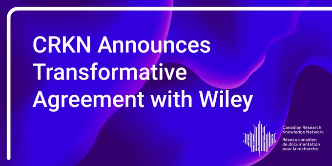 The words "CRKN Announces Transformative Agreement with Wiley" appear over an undulating blue and purple background. A white line frames the upper left corner of the text, and the CRKN logo is in the bottom right corner.