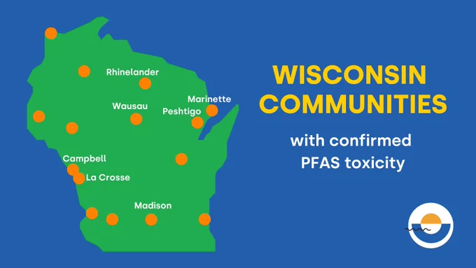 wisconsin communities with confirmed PFAS toxicity - map of wisconsin with dots