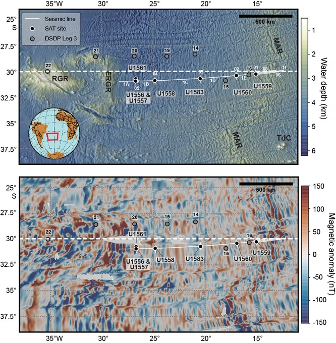 Seismic line map of South Atlantic Transect study region.