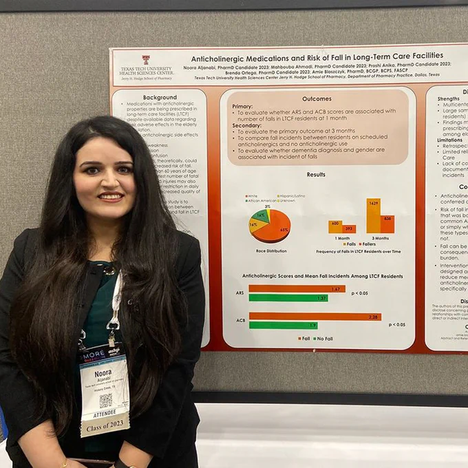 Female TTUHSC pharmacy student stands in front of her research poster at a conference.