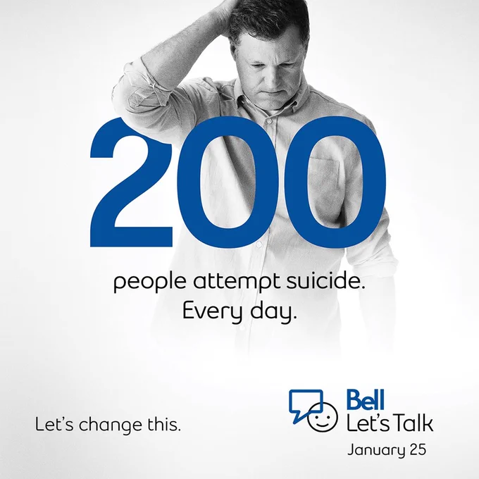 If you are in crisis contact 
Talk Suicide Canada: Call 1.833.456.4566 Toll free 24/7/365 or Text 45645 (4pm-12am ET) or 
CMHA Simcoe County Crisis Services:  Call Local 705-728-5044 or Toll-Free 1-888-893-8333 (24/7)
#BellLetsTalk #suicideprevention #suicideawareness #suicide 3/