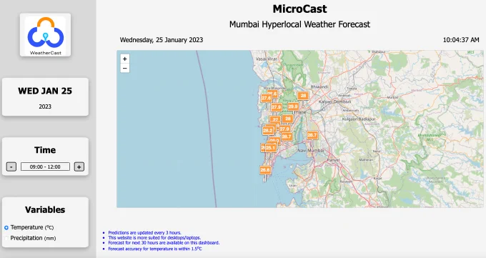 Screenshot of our product MICROCAST. 
Mumbai hyperlocal weather forecast dashboard.