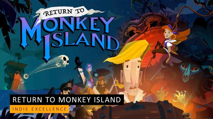 Return to Monkey Island art with multiple characters with the text "Indie Excellence"