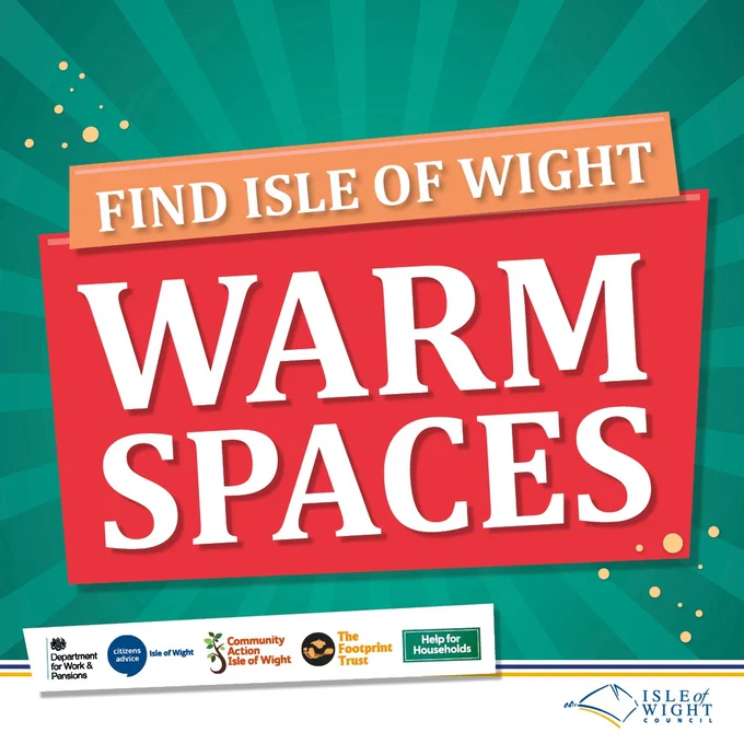 Green sunrise style background.  White words on a pale orange rectangle angled background read ''Find Isle of Wight'. Below this a red background angled rectangle reads 'warm spaces'. Below this in an angled rectangular white box are logos for the DWP, Citizens Advice, Footprint Trust and Help for Households box . A white banner along the bottom has the Isle of Wight council logo in it. 
Little dots highlight the bottom right and top left corners of the box. 