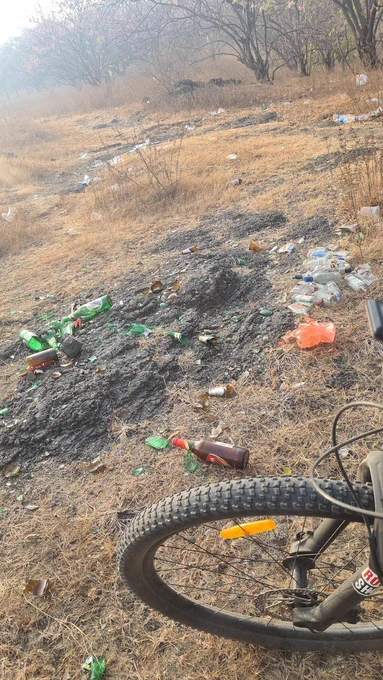 Shattered beer and whiskey bottles on the hillside