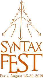 SyntaxFest 2019 logo, consisting of the Eiffel Tower drawn using arched arrows reminiscent of a linguistic dependency tree