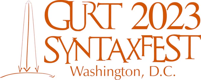 GURT 2023 logo, consisting of the Washington Monument drawn using arched arrows reminiscent of a linguistic dependency tree